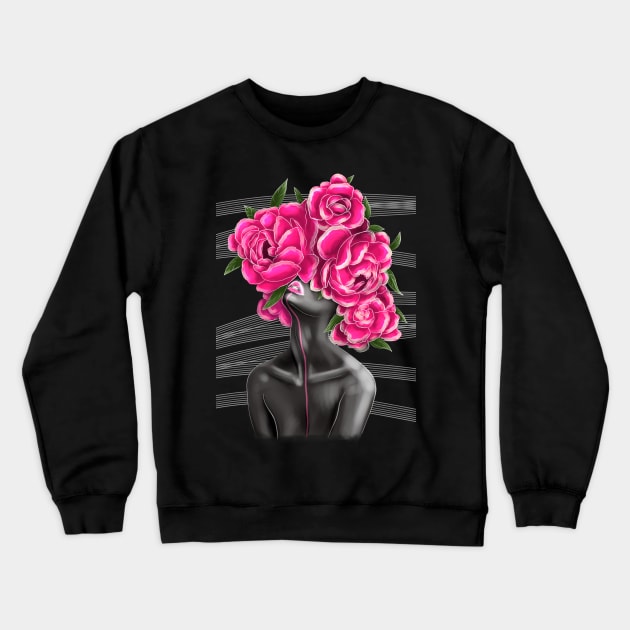 Black and white girl with color beautiful flowers in her head. Crewneck Sweatshirt by Olena Tyshchenko